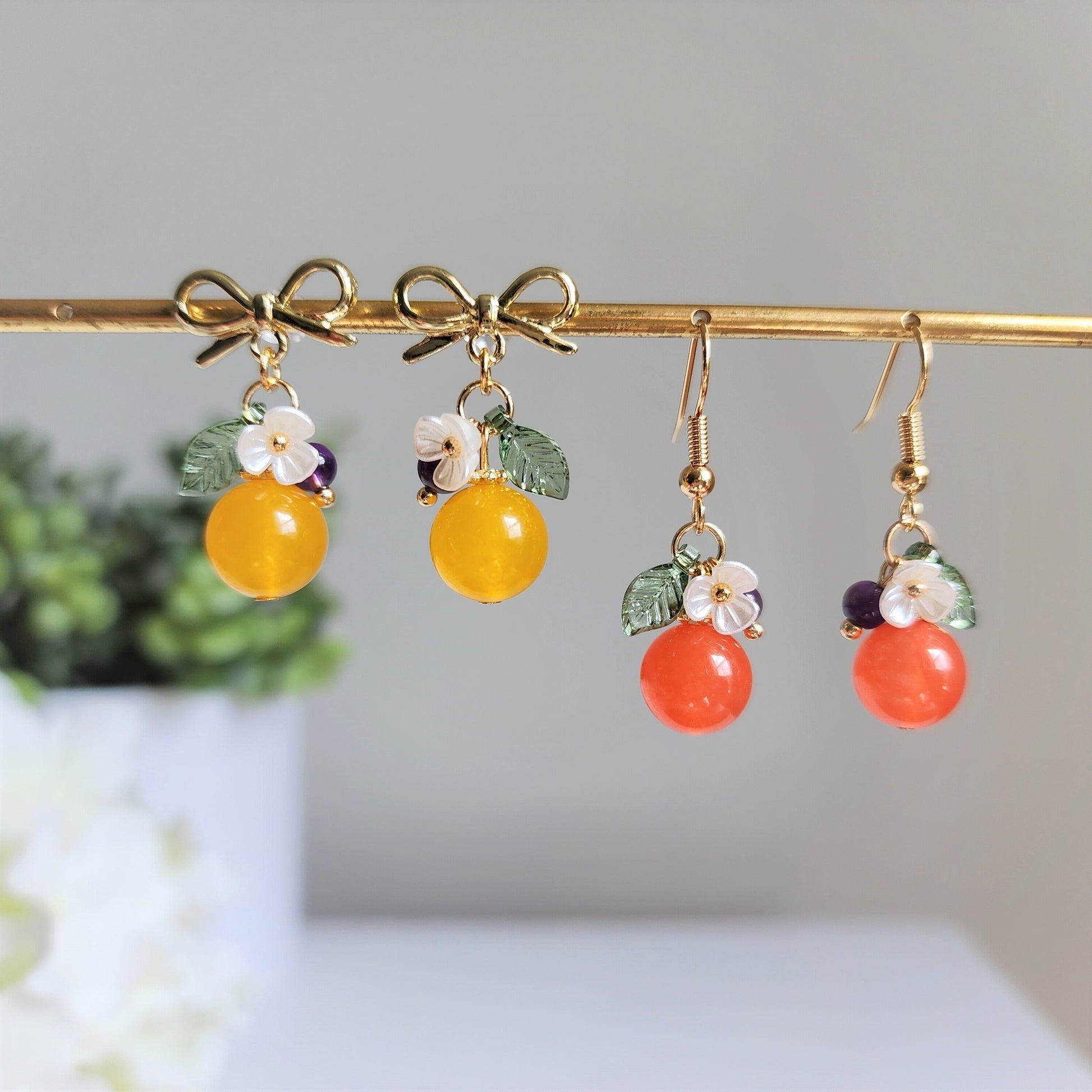 Jade Orange earrings, Natural Jade orange dangle earrings, food earrings, fruit earrings, Gift for her