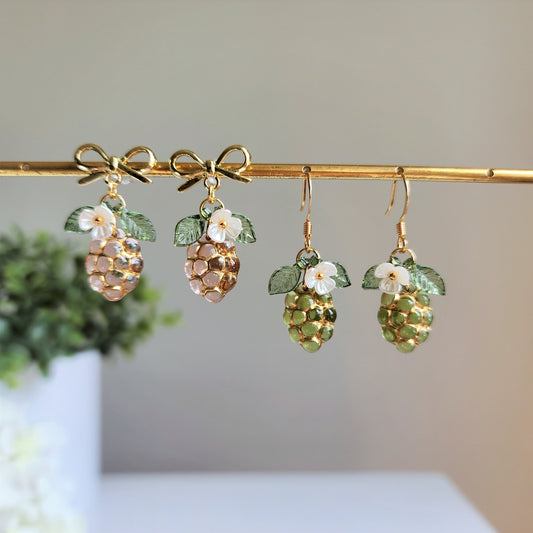 Transparent grape earrings, Gold decor grape earrings, Fruit earrings, Food earrings, Gift for her