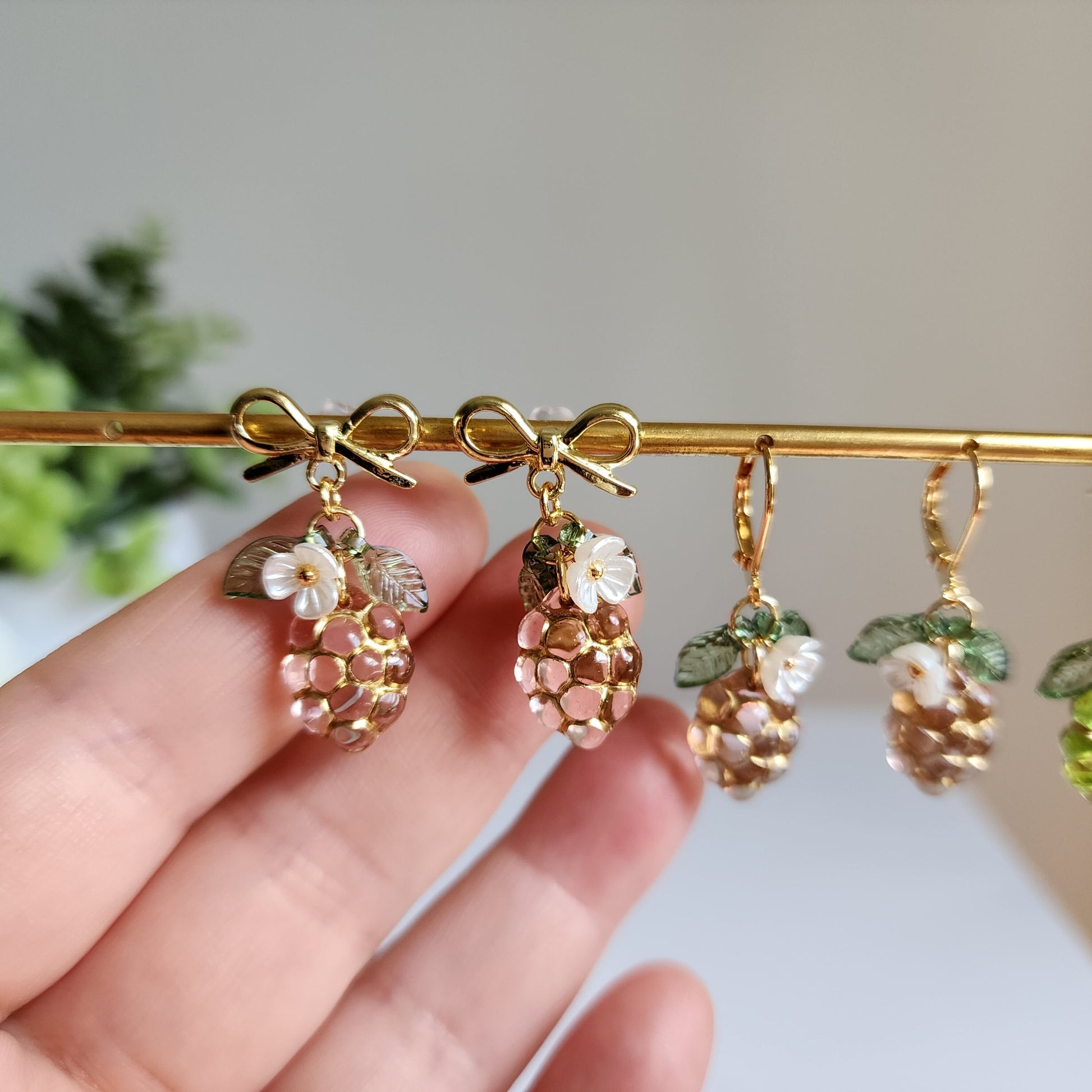 Transparent grape earrings, Gold decor grape earrings, Fruit earrings, Food earrings, Gift for her