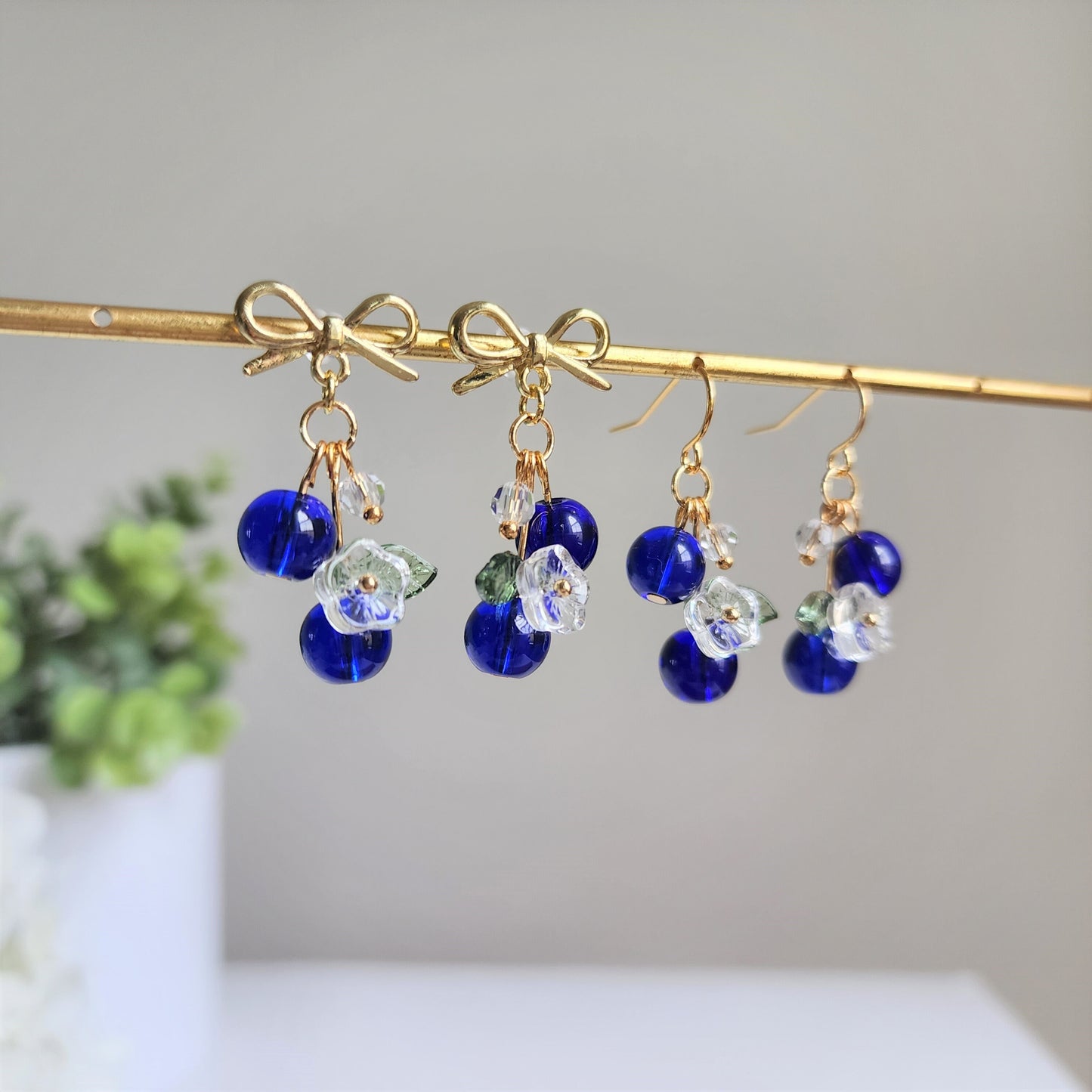 Blueberry cluster dangle earrings, Glass berries currants earrings, Fruit earrings, Food earrings
