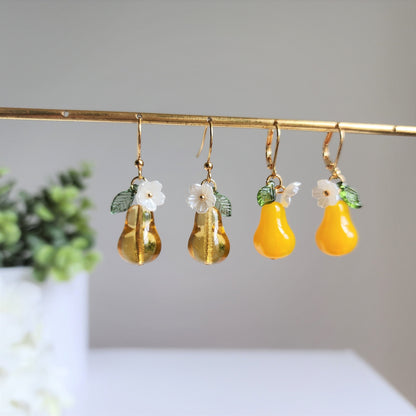 Large pear earrings, Glass fruit pear dangle earrings, Food earrings, gift for her