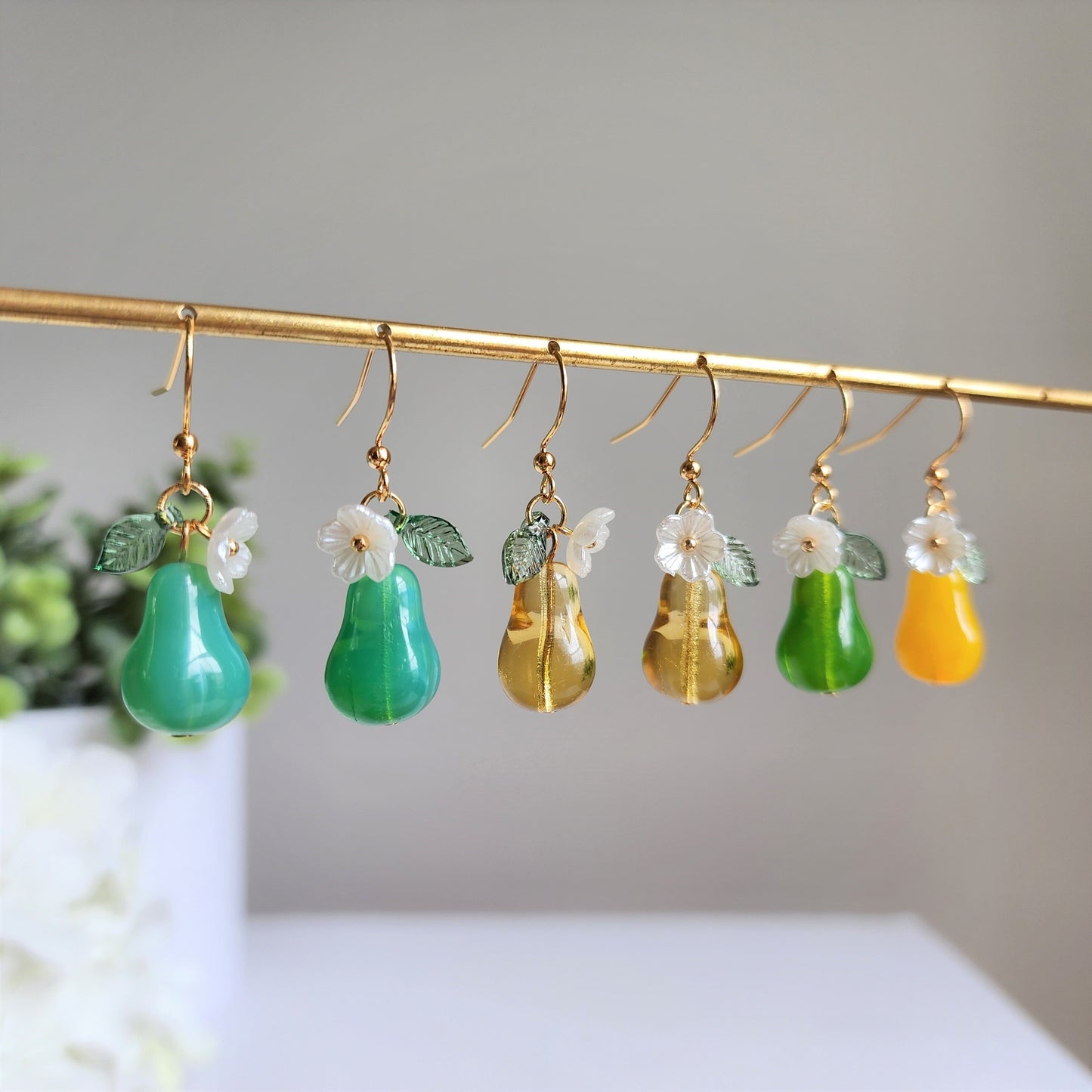 Large pear earrings, Glass fruit pear dangle earrings, Food earrings, gift for her