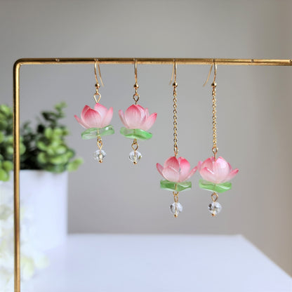 Pink water lily lotus earrings, Floral lily flower dangle earrings, Oriental water lily on lotus leaf earrings, gift for her