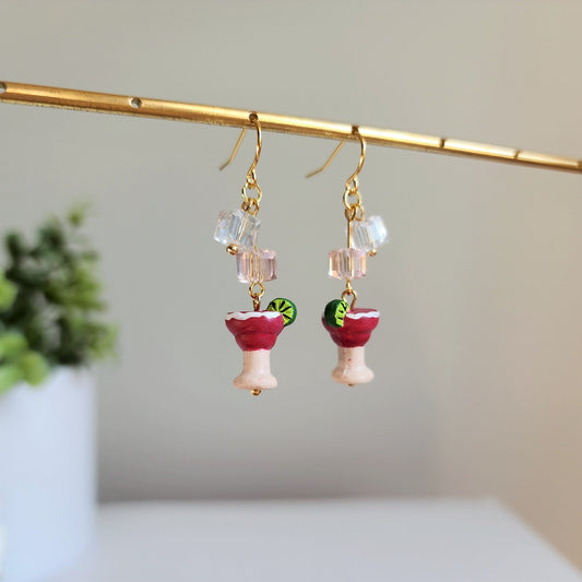 Strawberry Margarita with ice earrings, Cocktail drink earrings, Food ceramic earrings, Gift for her