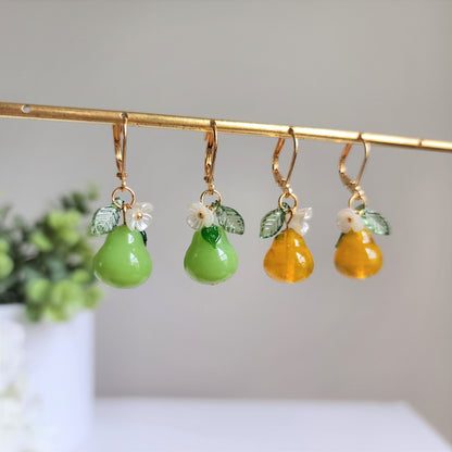 Pear earrings, Glass fruit dangle earrings, Food earrings, gift for her