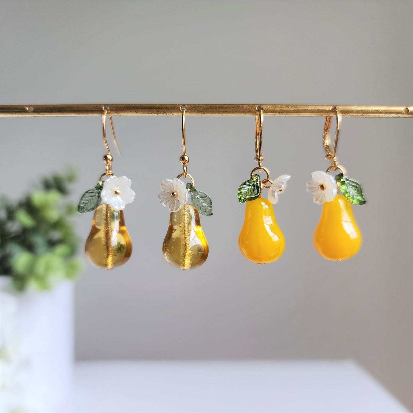 Large pear earrings, Glass fruit pear dangle earrings, Food earrings, gift for her