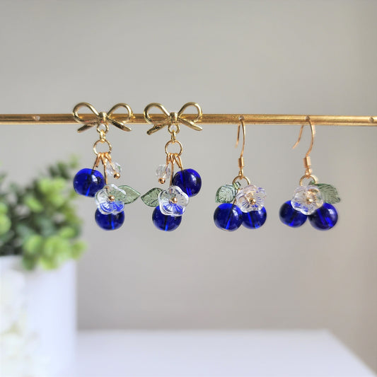 Blueberry cluster dangle earrings, Glass berries currants earrings, Fruit earrings, Food earrings