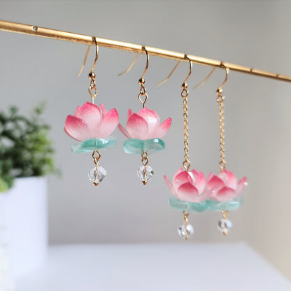 Pink water lily lotus earrings, Floral lily flower dangle earrings, Oriental water lily on lotus leaf earrings, gift for her