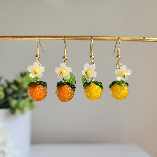 Large orange with flower earrings, Cute color orange fruit dangle earrings, Food earrings, Gift for her