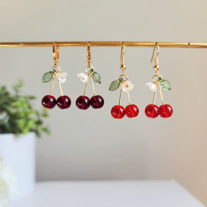 Cherry earrings, Glass red cherry dangle earrings, Fruit cherry earrings, Food earrings, Gift for her