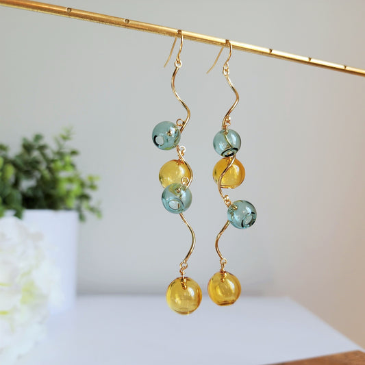 Glass bubble dangle earrings, glass ball earrings, abstraction style, 14k gold plated earring, gift for her