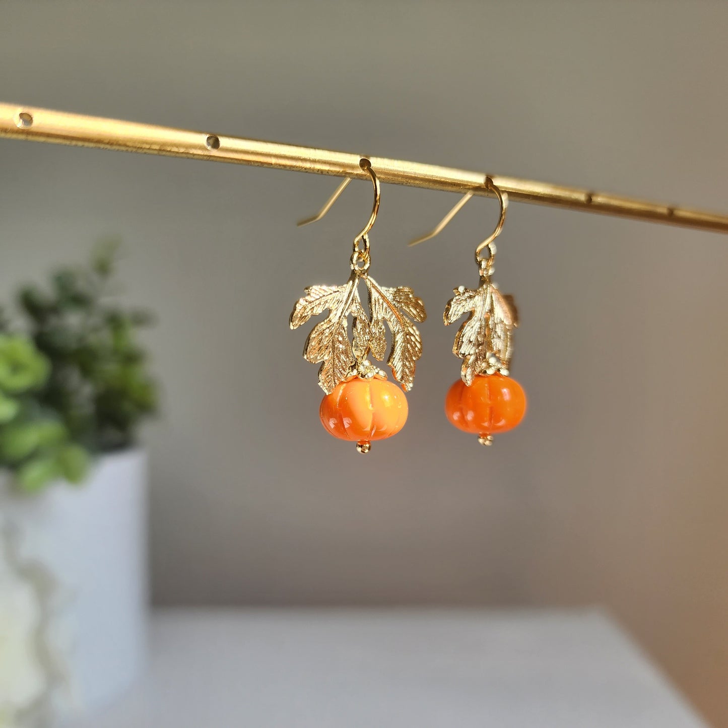 Glass Pumpkin earrings, Pumpkin food dangle earrings, Fall autumn food earrings, Halloween thanksgiving gift for her