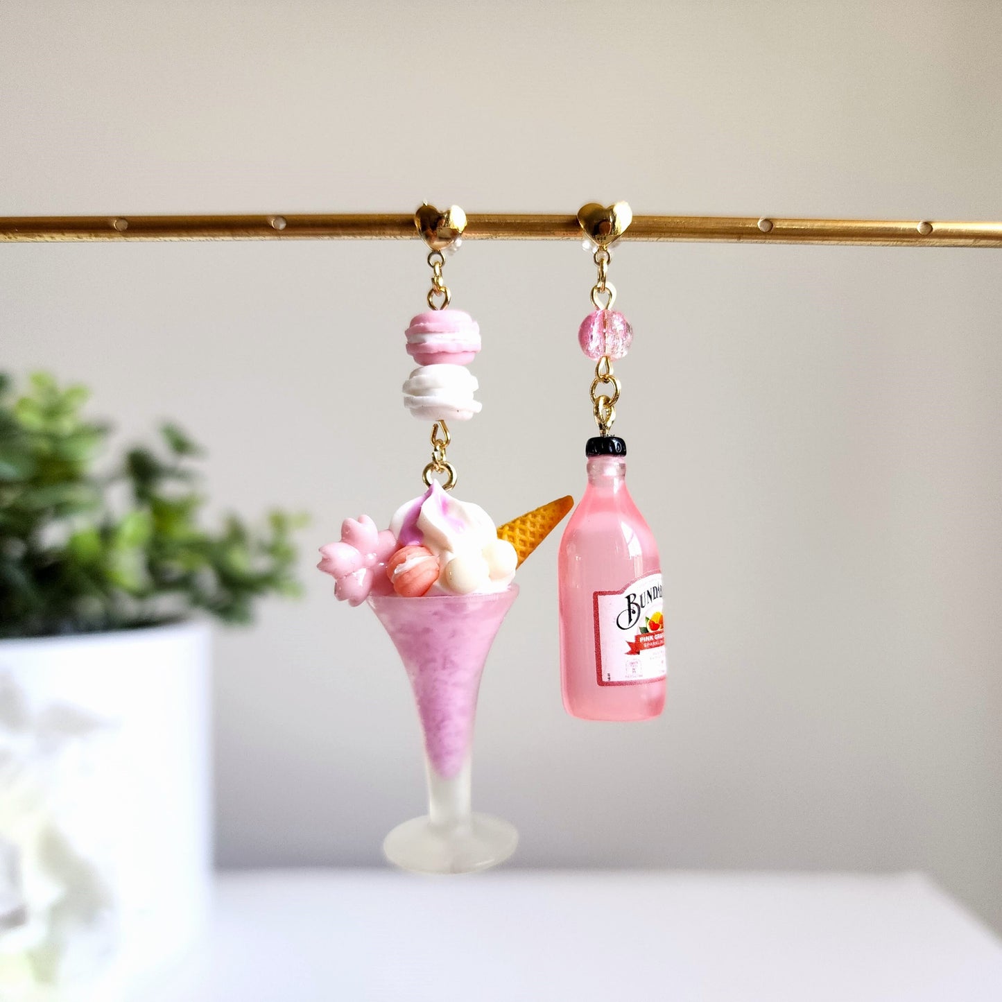 Sakura ice cream with sparkling water earrings, Cherry blossom sundae and pink sparkling water earrings, Food dangle earrings, Gift for her
