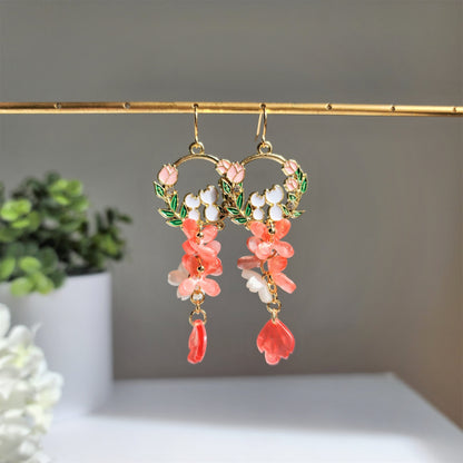 Kitty with Sakura floral earrings, Japanese dainty cat flower dangle earrings, Sakura blossom earrings, gift for her