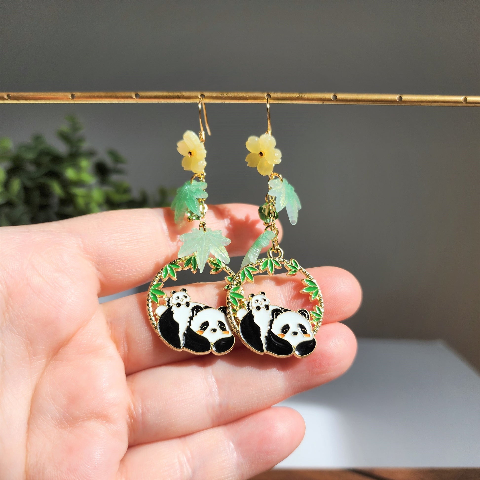 Panda resting under bamboo leaves earrings, panda dangle earrings, animal dangle earrings, gift for her