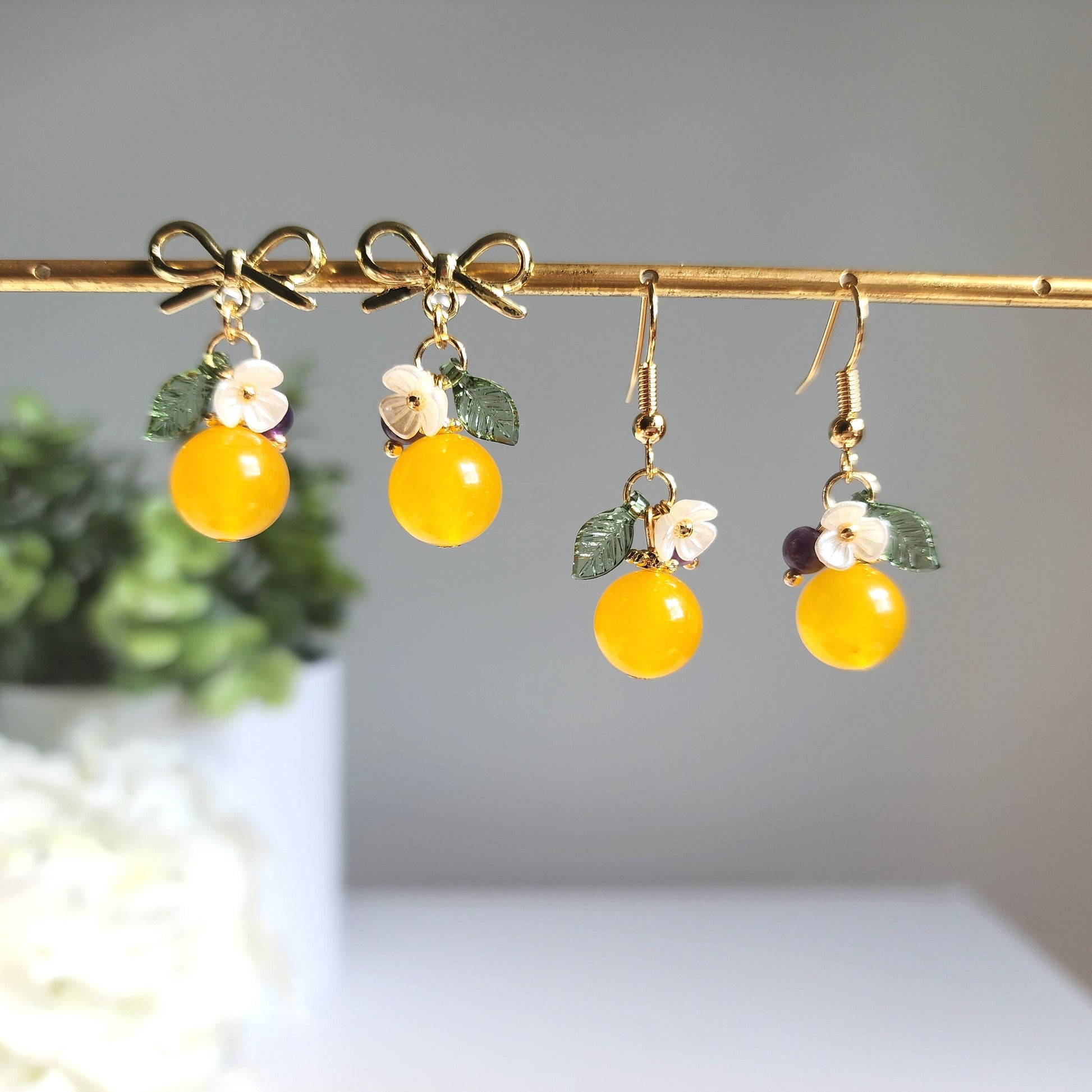 Jade Orange earrings, Natural Jade orange dangle earrings, food earrings, fruit earrings, Gift for her