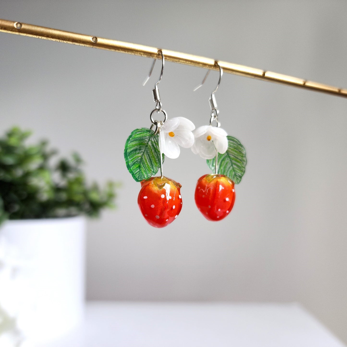 Strawberry 3D flower earrings, Fruit food earrings, Cottagecore earrings, Gift for her