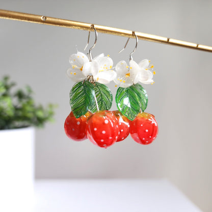 Strawberry 3D flower earrings, Fruit food earrings, Cottagecore earrings, Gift for her