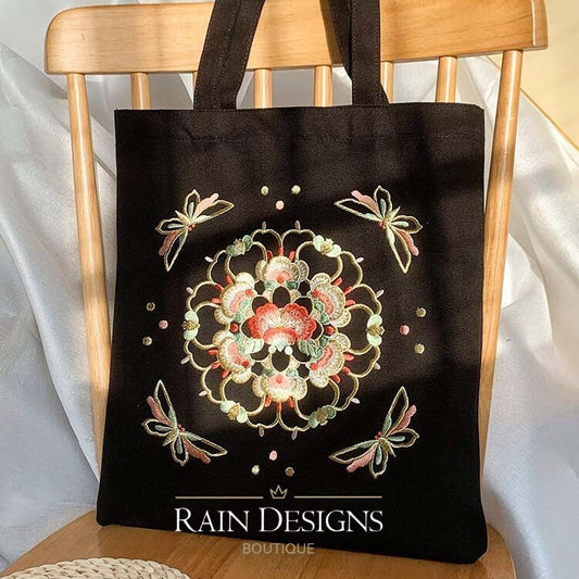 Silk floral medallion embroidery canvas tote, Flower embroidery handbag, Gift for her
