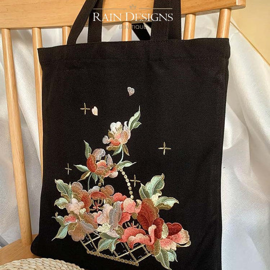 Flower basket embroidery tote bag, Silk flower handmade embroidery canvas handbag, Gift for her