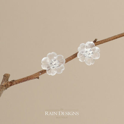 Flower in the rain S925 silver 18K stud earrings, Handmade crystal rain flower stud earrings, Gift for her