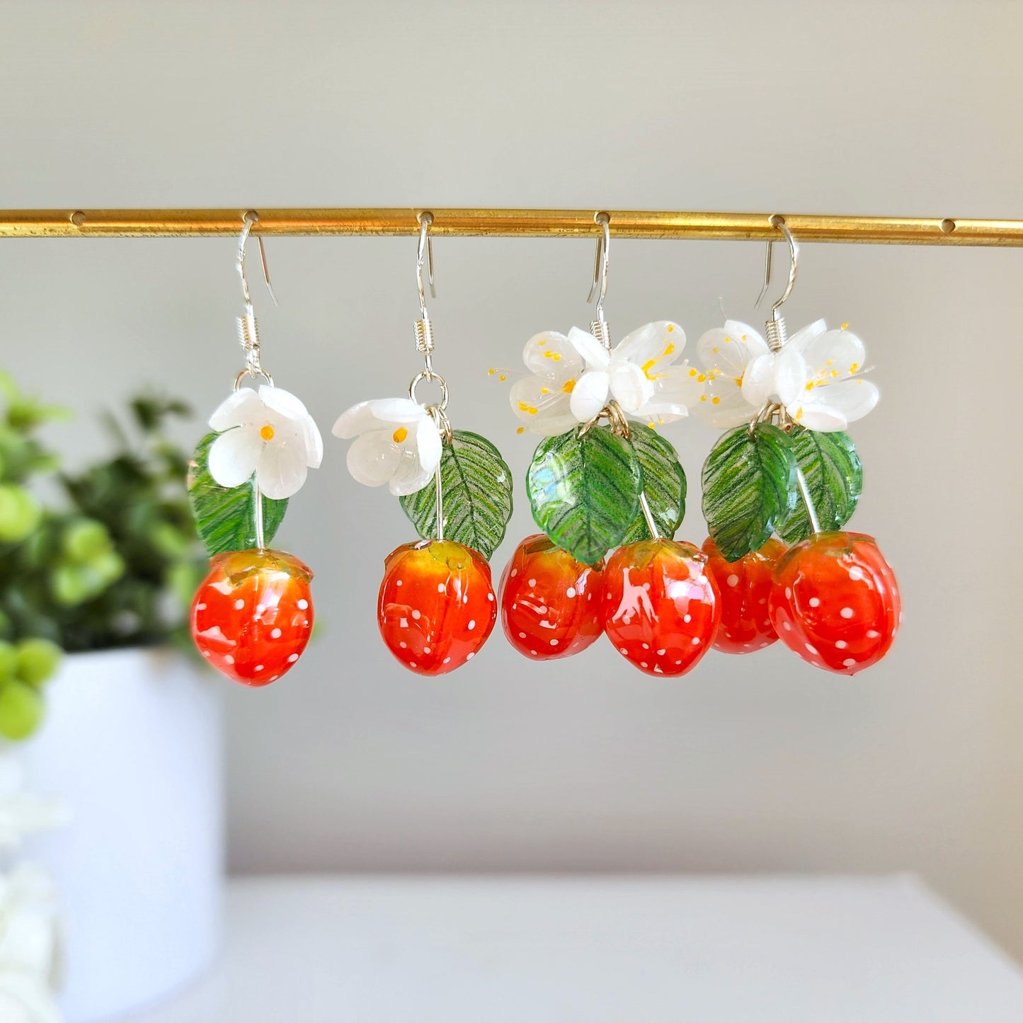 Strawberry 3D flower earrings, Fruit food earrings, Cottagecore earrings, Gift for her