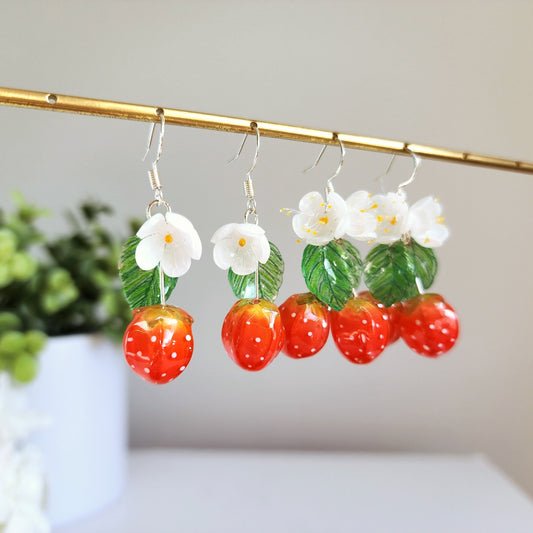 Strawberry 3D flower earrings, Fruit food earrings, Cottagecore earrings, Gift for her