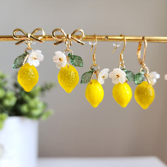 Lemon earrings, Glass lemon dangle earrings, fruit lemon earrings, food earrings, gift for her