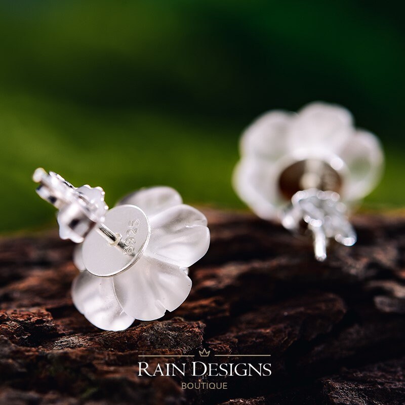 Flower in the rain S925 silver 18K stud earrings, Handmade crystal rain flower stud earrings, Gift for her