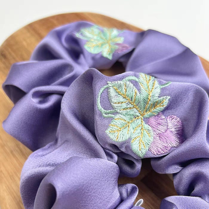Grape embroidery scrunchies, Fruit grape scrunchie, Hair tie, Gift for her