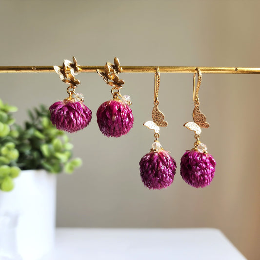 Thousand Day Red flower earrings, Botanical earrings, Real globe Amaranth flower earrings, gift for her