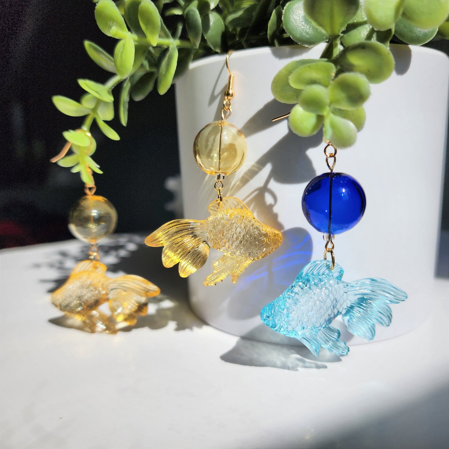 Transparent goldfish earrings, Colorful goldfish dangle earrings, Fun animal earrings, gift for her