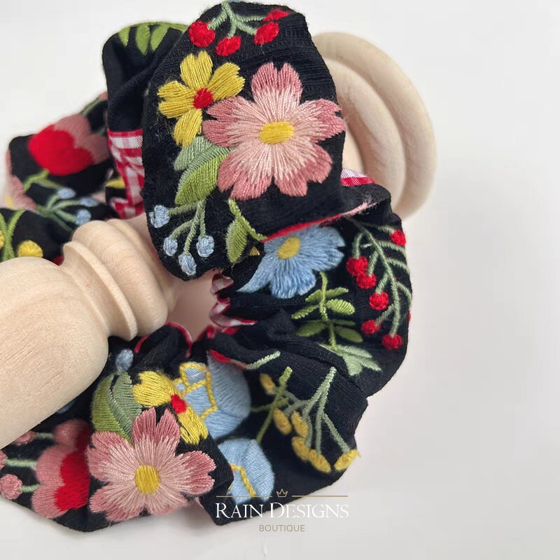 Blackening colorful flowers embroidered scrunchie, Cotton flower hair tie, Gift for her