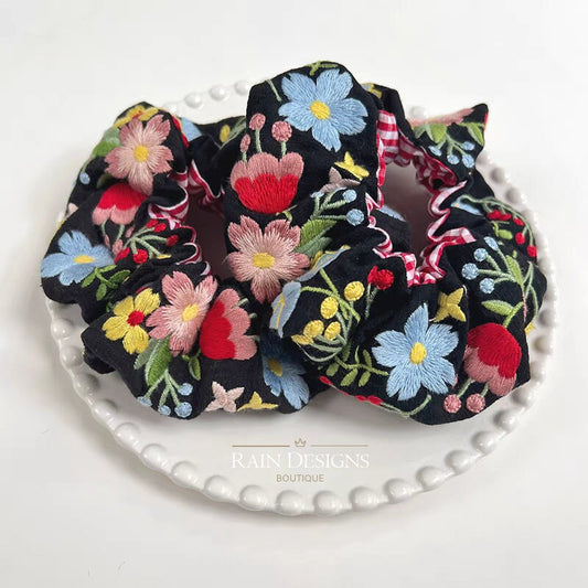 Blackening colorful flowers embroidered scrunchie, Cotton flower hair tie, Gift for her