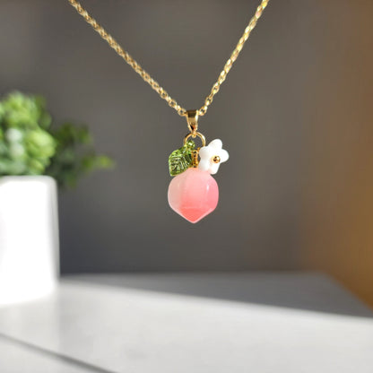 Peach necklace, Glass peach necklace, Fruit peach necklace, Gift for her