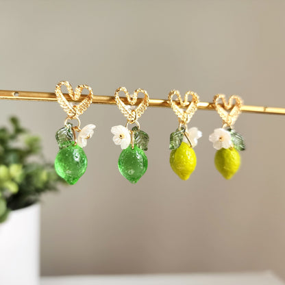 Sweet lime with lace heart stud earrings, Lime fruit food earrings, Gift for her