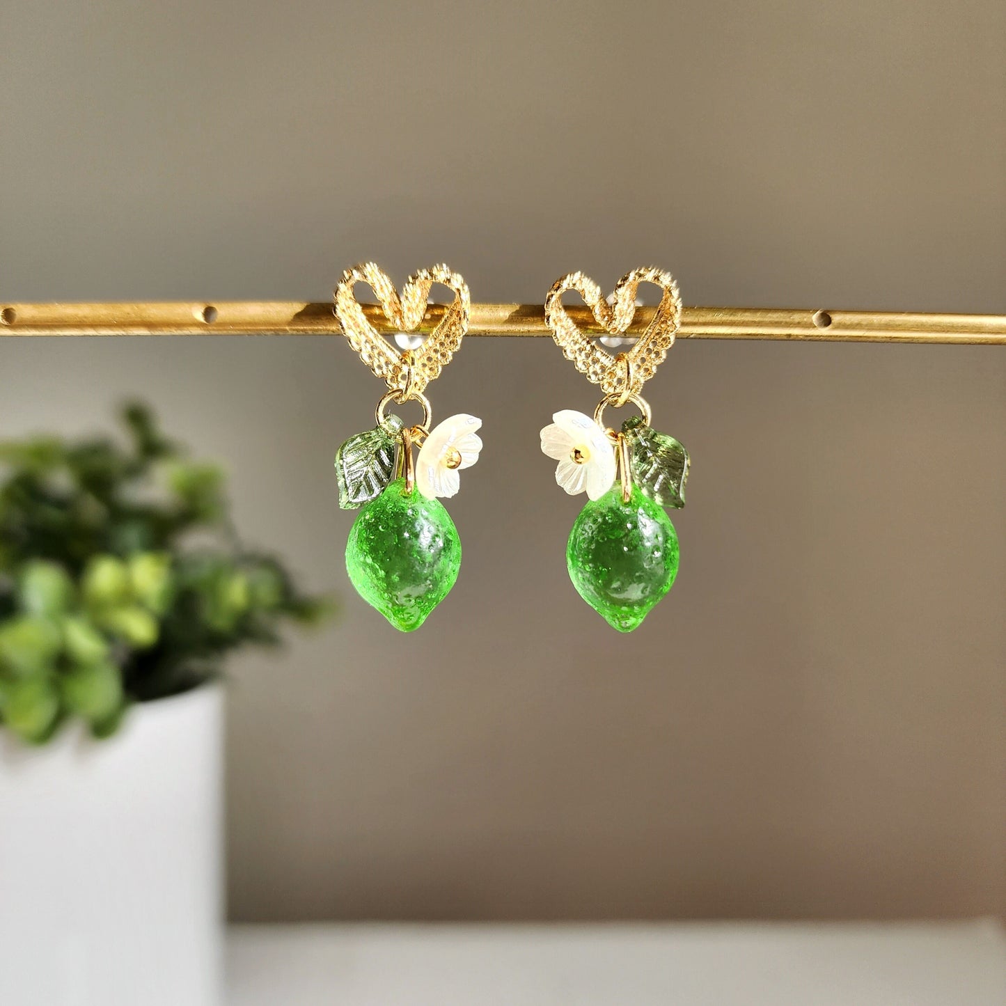 Sweet lime with lace heart stud earrings, Lime fruit food earrings, Gift for her