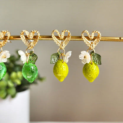 Sweet lime with lace heart stud earrings, Lime fruit food earrings, Gift for her