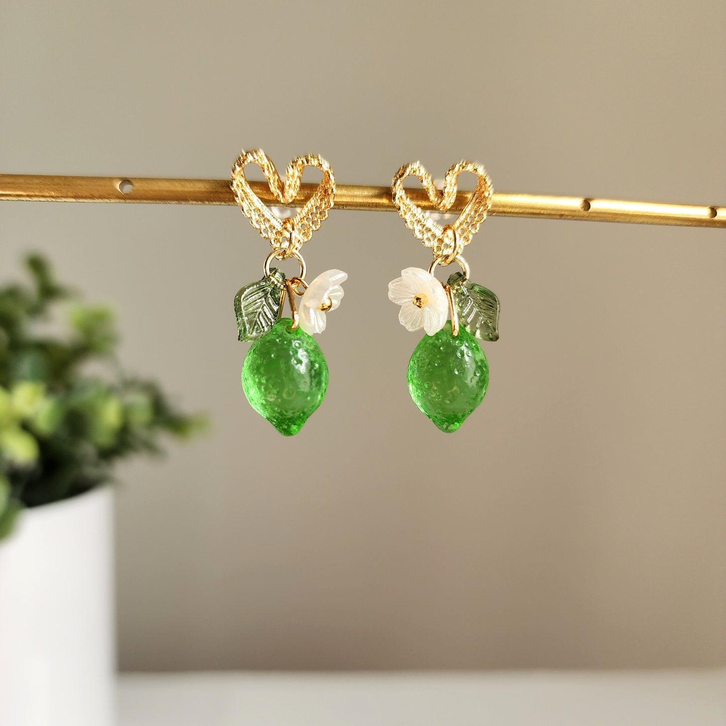 Sweet lime with lace heart stud earrings, Lime fruit food earrings, Gift for her