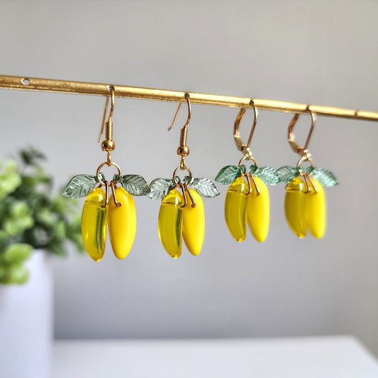 Banana earrings, glass banana dangle earrings, fruit earrings, food earrings, gift for her