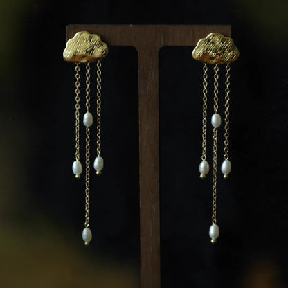 Cloudy rain earrings, Natural pearl rain with gold cloud earrings, Gift for her