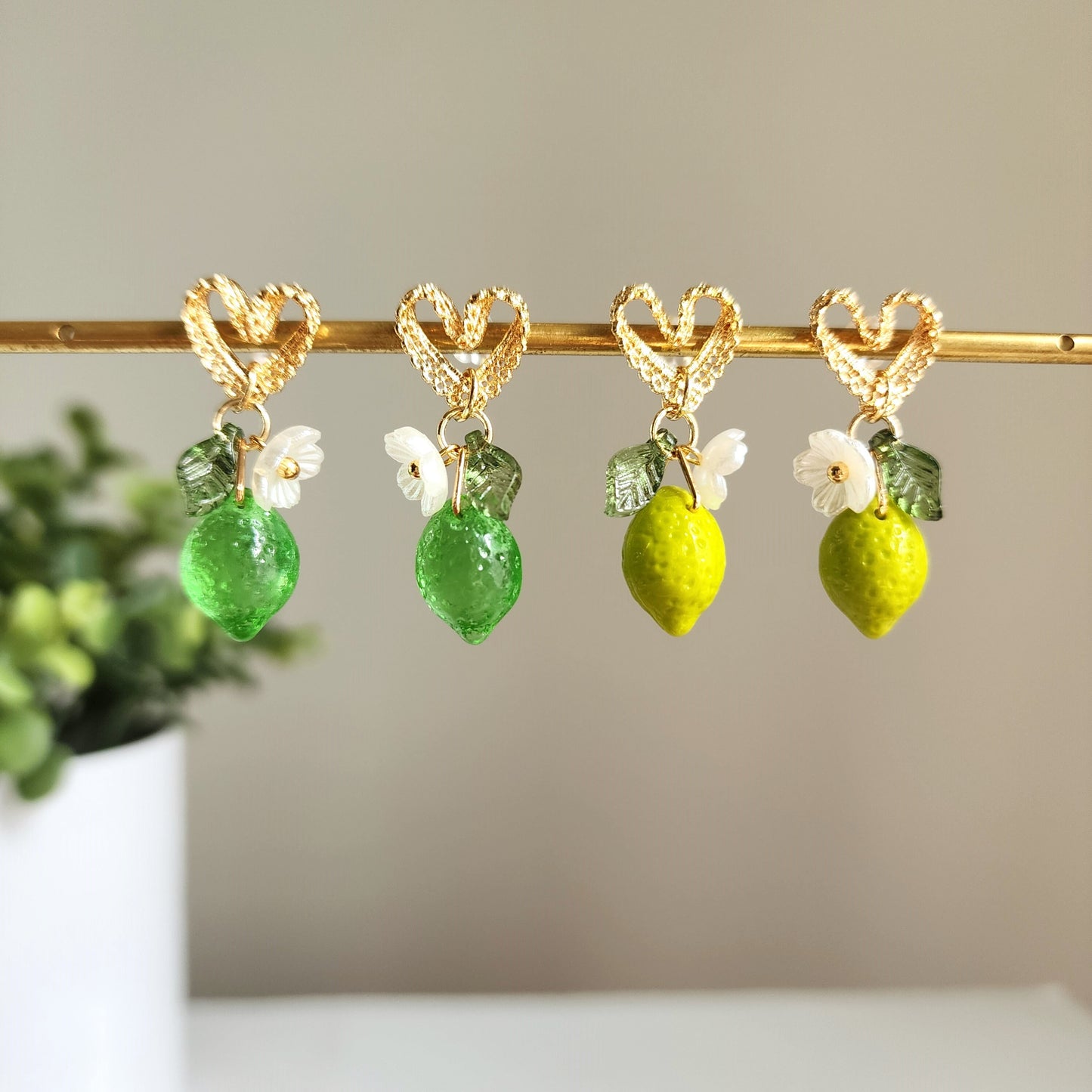 Sweet lime with lace heart stud earrings, Lime fruit food earrings, Gift for her